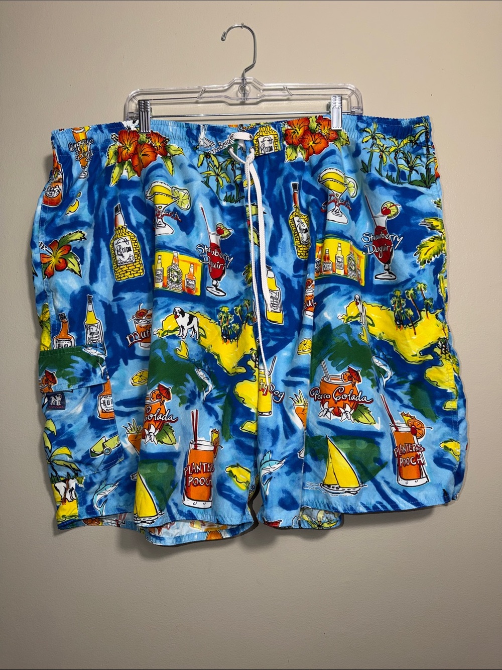 Vintage Big Dogs Swim Trunks Shorts 3X Tropical Tiki Cocktail Print Blue 3X